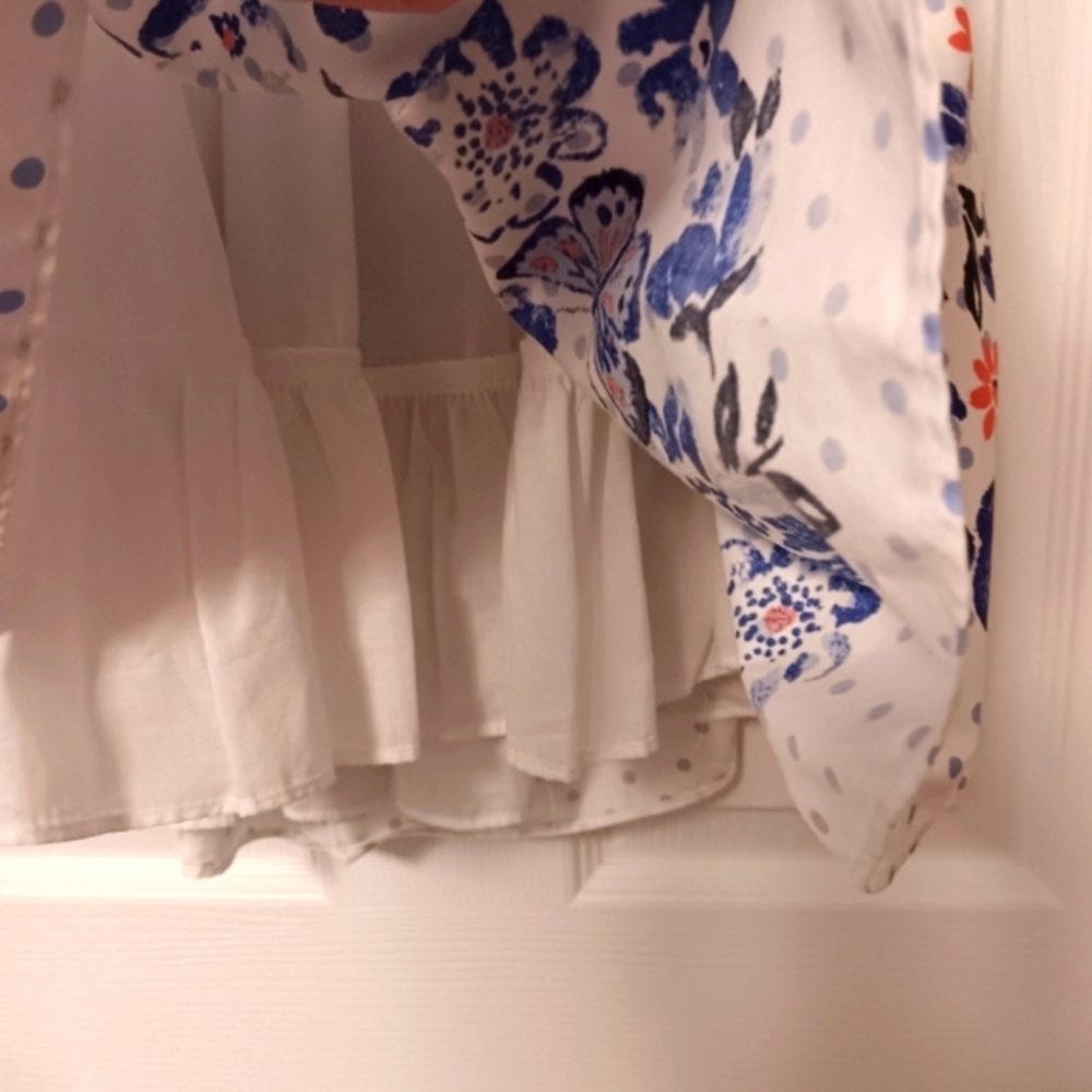 Laura Ashley Girls Polk-dot & Floral Blue & White Sleeveless Dress W/ Back Bow - Picture 3 of 9